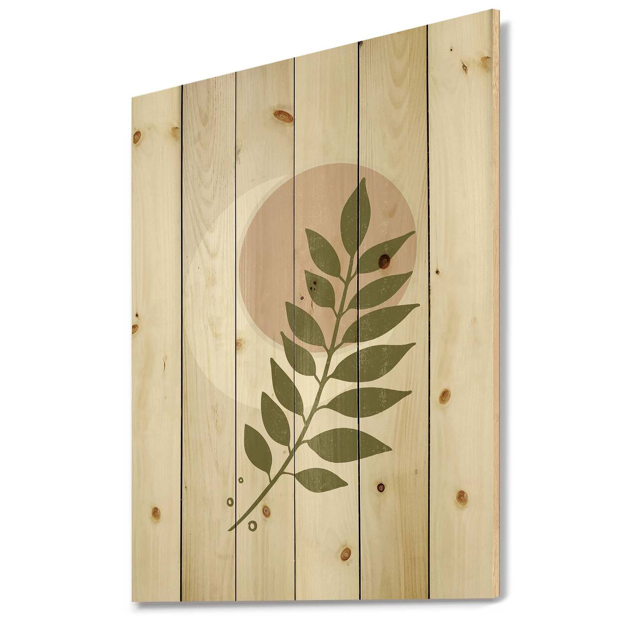 Designart - Abstract Geometrical Moon With Leaf IV - Modern Print on Natural Pine Wood